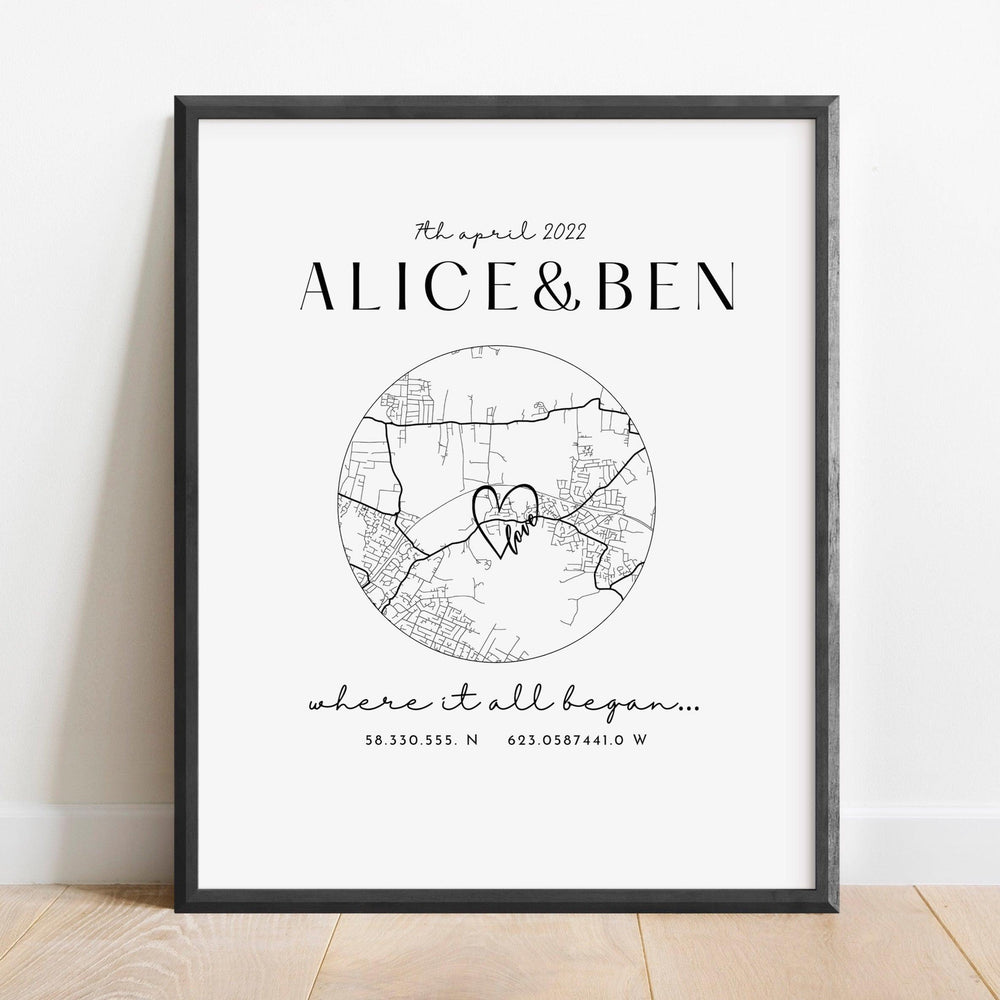 Personalised Anniversary Map Print, Where it all began home map print, Home Map Gift for Anniversary, Christmas Gifts for Him and Her