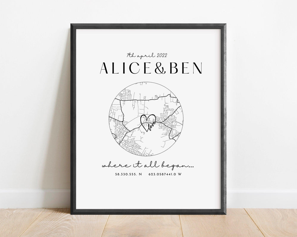 Personalised Anniversary Map Print, Where it all began home map print, Home Map Gift for Anniversary, Christmas Gifts for Him and Her - Glam and Co 