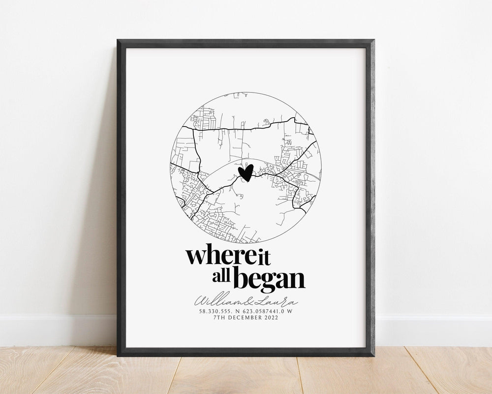 Personalised Anniversary Gift Map Print - Where it all began, Map Gift for Her Wife Girlfriend, Map Gift for Him Husband Boyfriend